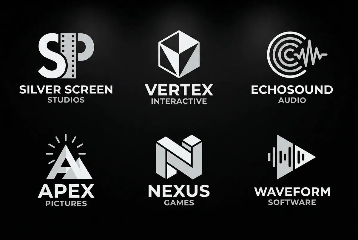 影视音效库 合作伙伴 Logo 墙 - Silver Screen Studios, Vertex Interactive, EchoSound Audio, Apex Pictures, Nexus Games, Waveform Software